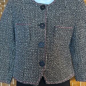 Muse Tweed Jacket Black White Pink Trim 3/4 Sleeve Size 6